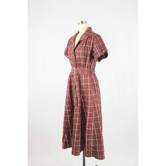 MOUSSY Dark Red Burgundy Check Cotton Seersucker Retro Midi Shirt Dress, Size M - Picture 4 of 13